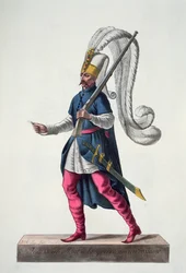 En tyrkisk janitshar drager i krig i en dragt fra det 16. århundrede, fra »Recueil de Tous les Costumes des Ordres Religieux et Militaires«, 1789